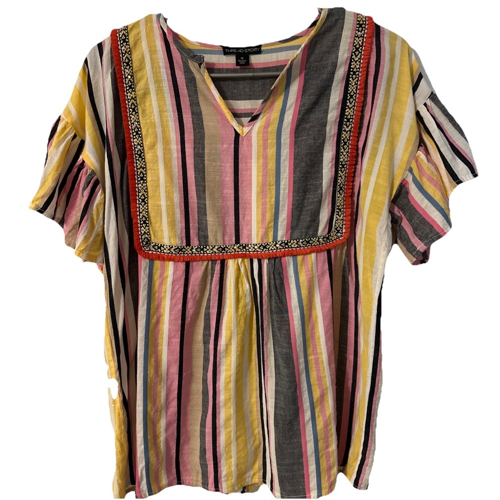 Thread Story Striped V-Neck Peasant Blouse - Yellow & Pink
